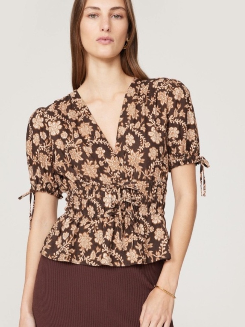 Derek Lam 10 Crosby Rhea Top Women’s Size 8 Peplum Blouse Brown Floral Smocked
